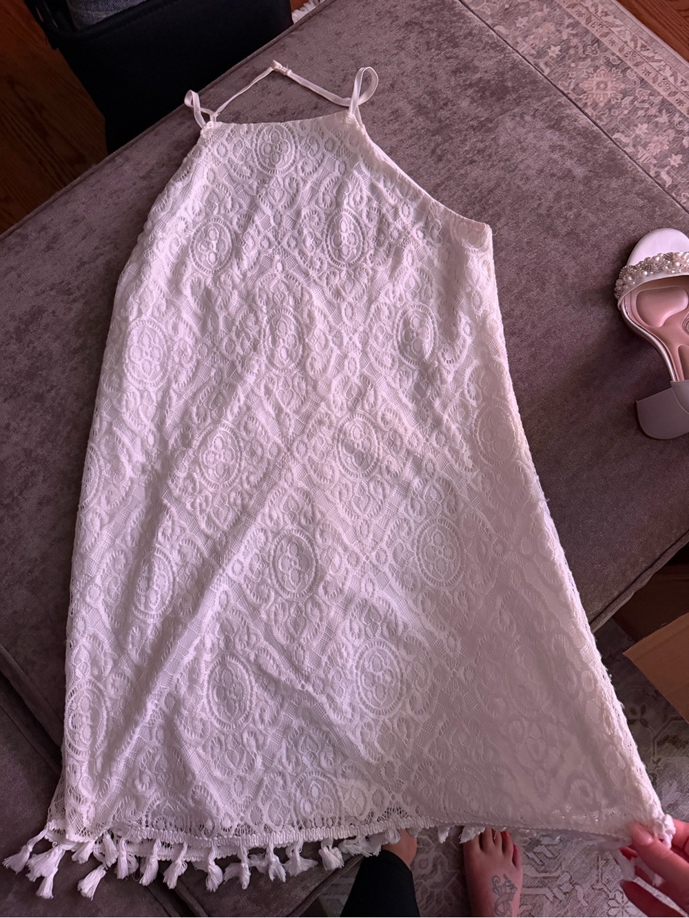 Speechless Cream Lace A-Line Dress with Tassel Hem